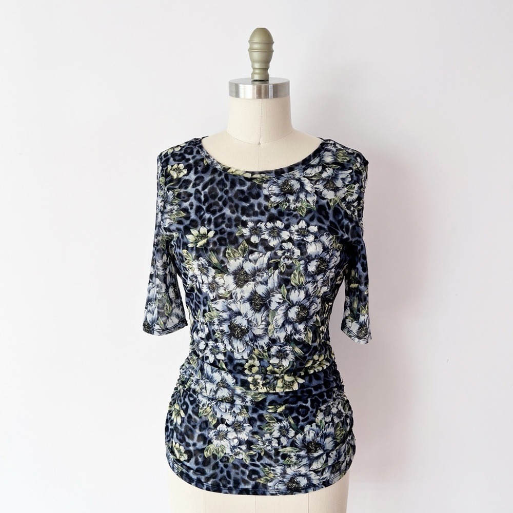 White House Black Market‎ Mesh Top Blue Leopard Floral Ruched Short Sleeve S